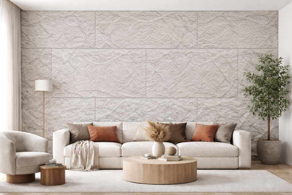 Panneau mural texturé effet pierre / crépi – Blanc – 60 x 120 cm